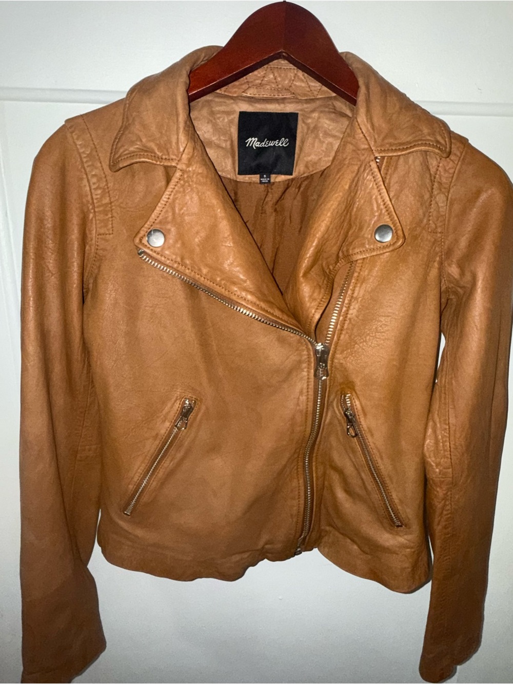 Black label size Small Madewell Women's Tan Leather Moto Jacket- just conditione